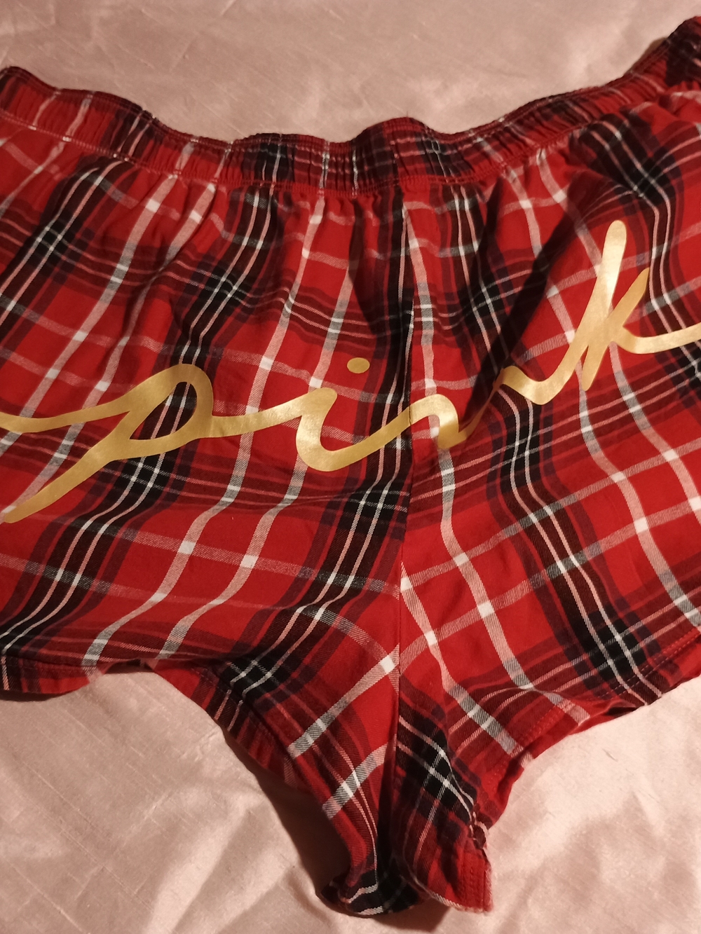 PINK Victoria's Secret Red Plaid Shorts with Gold Script